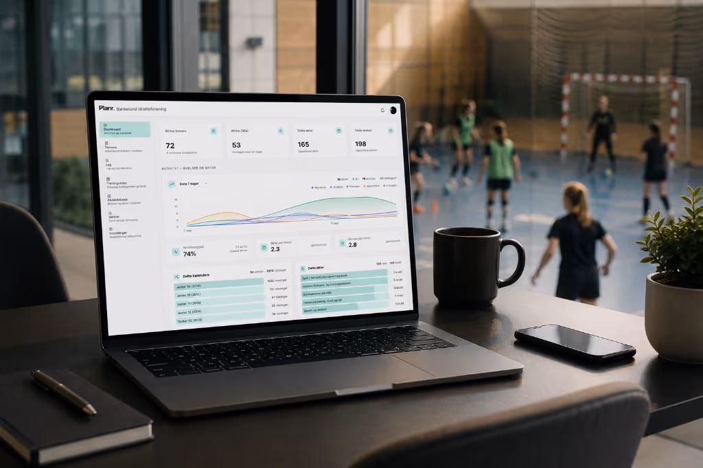 The Planr club dashboard on a laptop, with handball training in the hall behind.